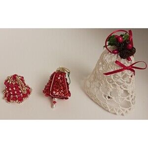 Vintage Christmas Ornament Lot Crocheted Push Pin Beaded Bells Handmade Homemade